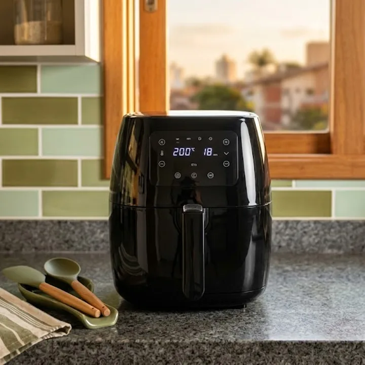 Air fryer preta sobre a bancada de uma cozinha, com o painel ligado
